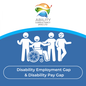 A collection of cartoon people and text saying Disability Employment and Pay gaps