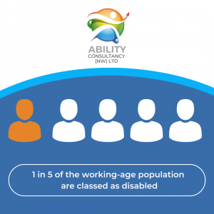 A collection of five cartoon people with one coloured orange to show that 1 in 5 people are disabled