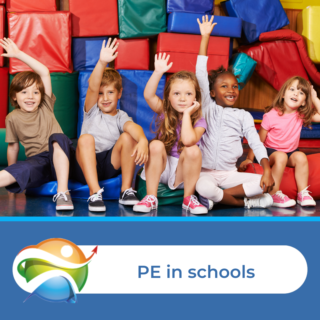 A picture of a group of school children with the text PE in schools